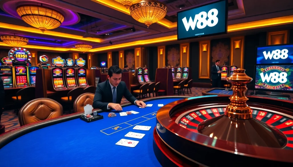 Players enjoying poker at a luxury casino, showcasing the thrill of W88 betting.