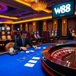 Players enjoying poker at a luxury casino, showcasing the thrill of W88 betting.