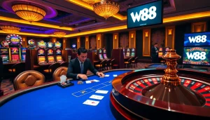 Players enjoying poker at a luxury casino, showcasing the thrill of W88 betting.