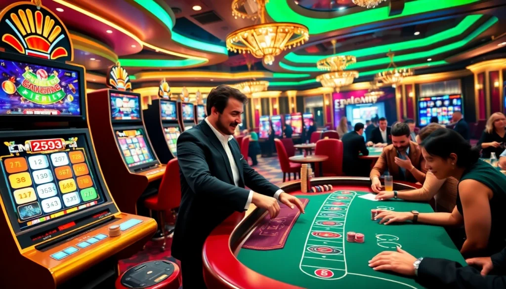 Immersive gaming experience at Superbet App featuring vibrant machines and engaged players.