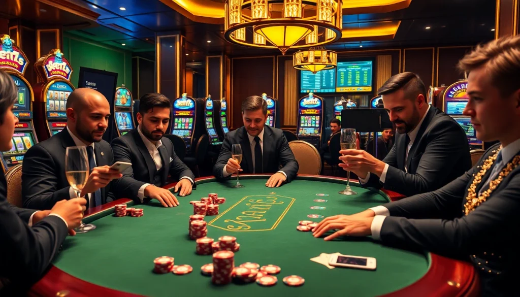 Người chơi tham gia vào các ván cược cao tại bàn poker Bet VIP, được bao quanh bởi không khí casino sống động.