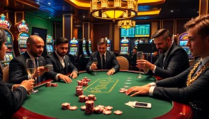 Người chơi tham gia vào các ván cược cao tại bàn poker Bet VIP, được bao quanh bởi không khí casino sống động.