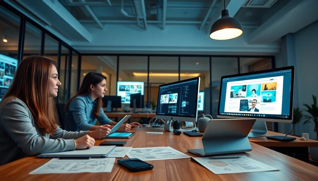 Professional website design scene with team collaboration and digital tools.