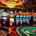 Exciting players engaging with a vibrant doaslot slot machine in a luxurious casino setting.