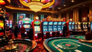 Exciting players engaging with a vibrant doaslot slot machine in a luxurious casino setting.
