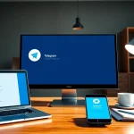 Modern workspace showcasing Telegram电脑版 interface on a computer.