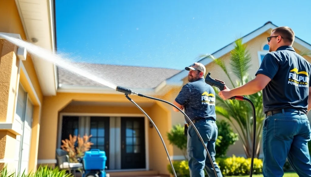 Pressure wash team professionally cleaning a residential exterior in Kissimmee, FL.