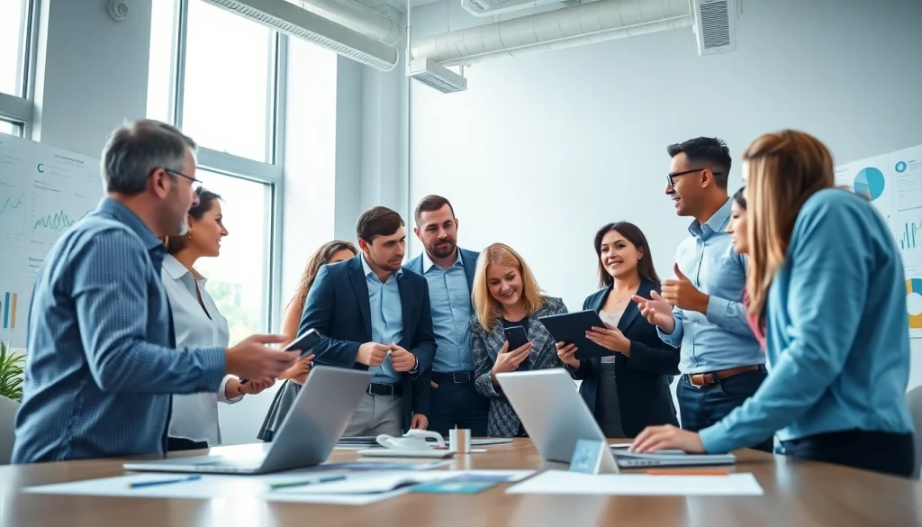 Engaged crisis management consultant collaborating with a diverse team in a bright office.