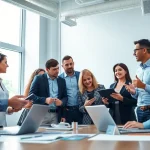 Engaged crisis management consultant collaborating with a diverse team in a bright office.