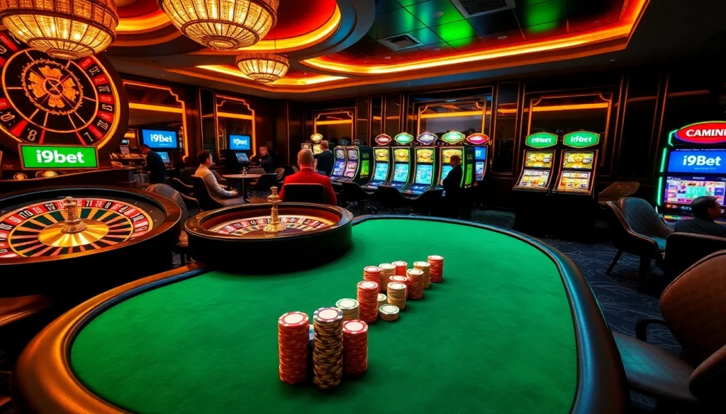 Experience excitement at i9bet with vibrant casino tables, poker chips, and dynamic slot machines.