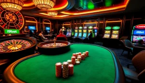 Experience excitement at i9bet with vibrant casino tables, poker chips, and dynamic slot machines.