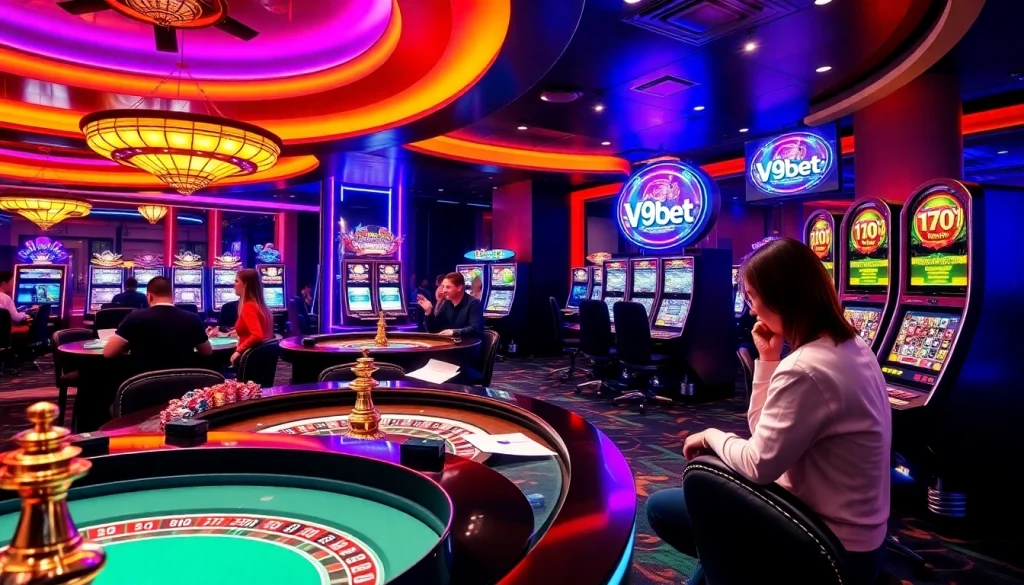 V9bet players enjoying a thrilling online gambling experience with slots and roulette.