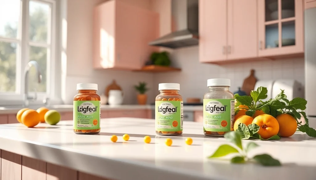 自然光が差し込むキッチンで表示される推奨葉酸サプリのトップ画像、健康促進を訴求。