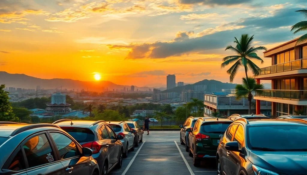 Car hire in Kuching showcased with a vibrant rental lot filled with vehicles, welcoming staff, and a sunset backdrop.