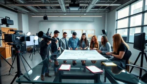 Capture the essence of Corporate Video Production through a professional team collaborating in a modern studio.