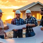 Texas association of builders team collaborating on housing projects with blueprints