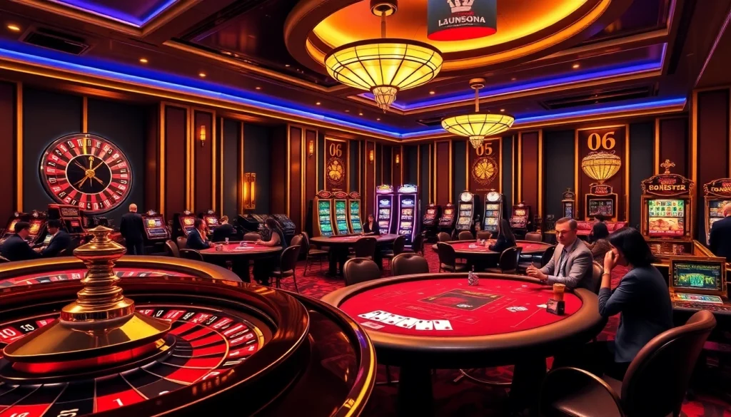 Experience the excitement of new66 with vibrant casino visuals featuring poker, roulette, and slot machines.