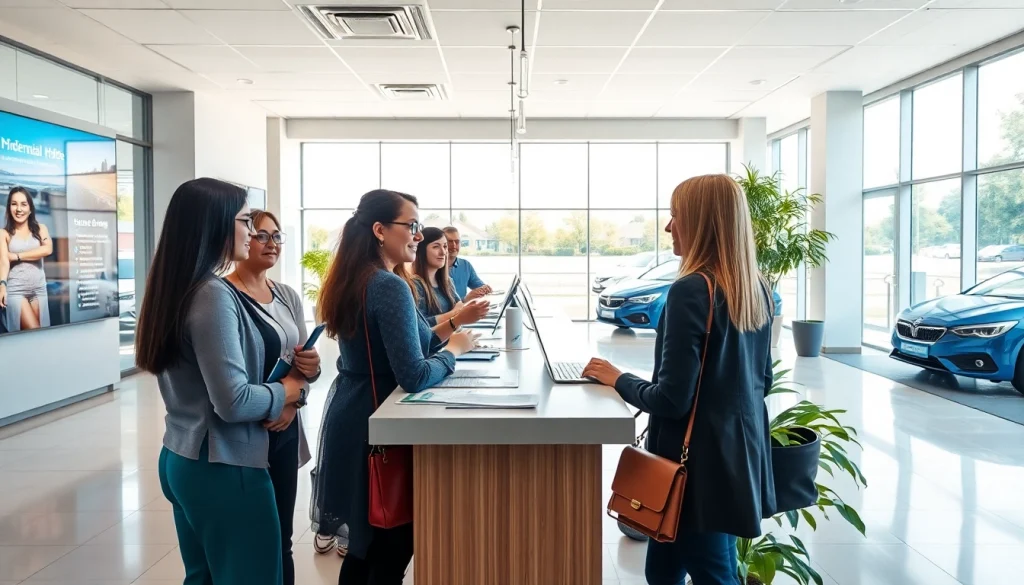 Rent a car Moldova service desk with welcoming staff assisting diverse customers.