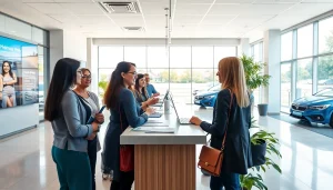 Rent a car Moldova service desk with welcoming staff assisting diverse customers.