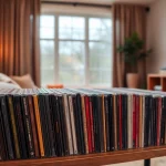 Organized audio cd collection on display showcasing a variety of music genres.