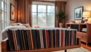 Organized audio cd collection on display showcasing a variety of music genres.
