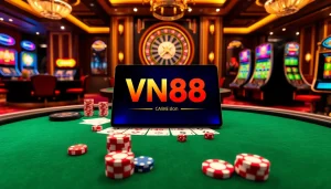 Engaged players enjoying the VN88 casino experience with poker chips and cards.