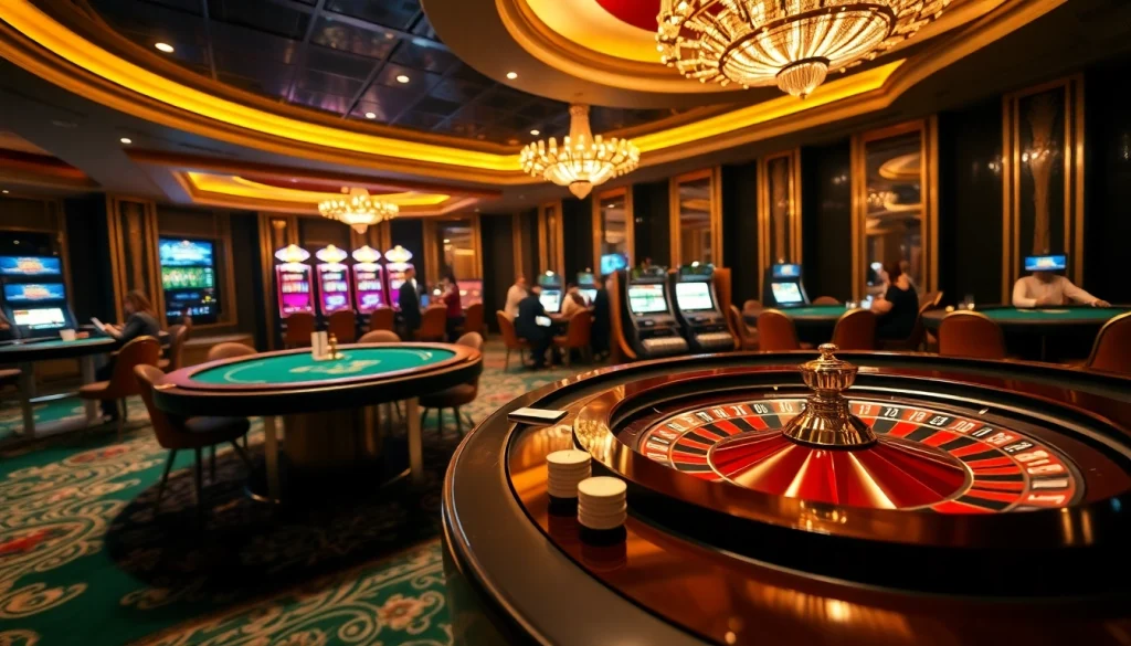 Image showcasing a vibrant casino scene at https://rr88.wales/ with poker tables and exciting slot machines.