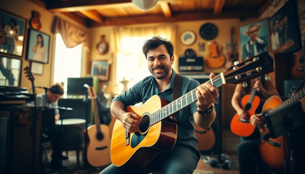 Engaging scene at https://guitarlessons.co.uk showing a guitarist with supportive friends in a warm, musical environment.