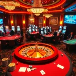 Engaged players enjoying games at the luxurious okwin online casino, showcasing vibrant tables and slot machines.