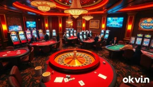 Engaged players enjoying games at the luxurious okwin online casino, showcasing vibrant tables and slot machines.