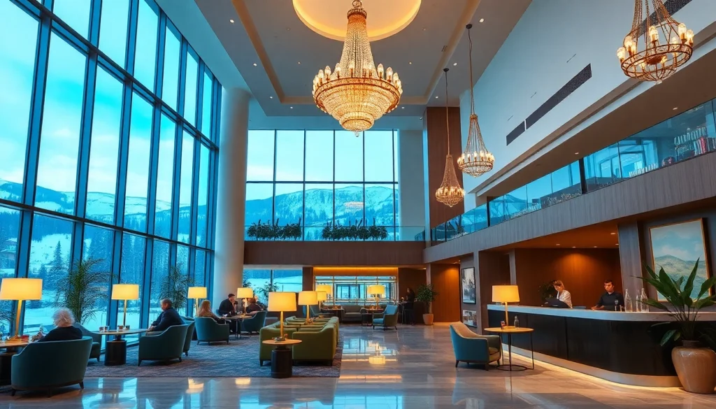 Luxury hotel in Sweden with elegant lobby and stunning snowy views