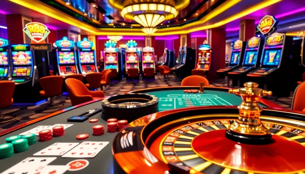 Experience the thrill of gaming at RR88, featuring vibrant roulette and poker tables in a luxury casino.