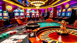 Experience the thrill of gaming at RR88, featuring vibrant roulette and poker tables in a luxury casino.