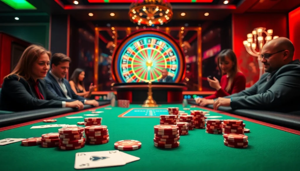 Experience high-stakes gaming at i9bet's luxurious casino, featuring poker tables and roulette excitement.