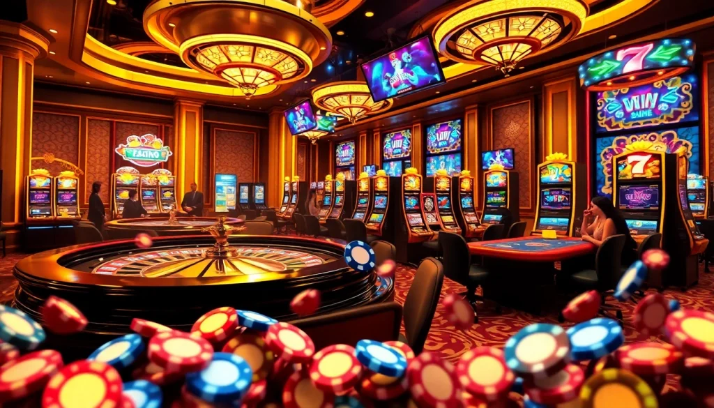 Engaged players enjoying the thrilling casino experience at 32WIN with vibrant slot machines and poker tables.
