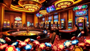 Engaged players enjoying the thrilling casino experience at 32WIN with vibrant slot machines and poker tables.