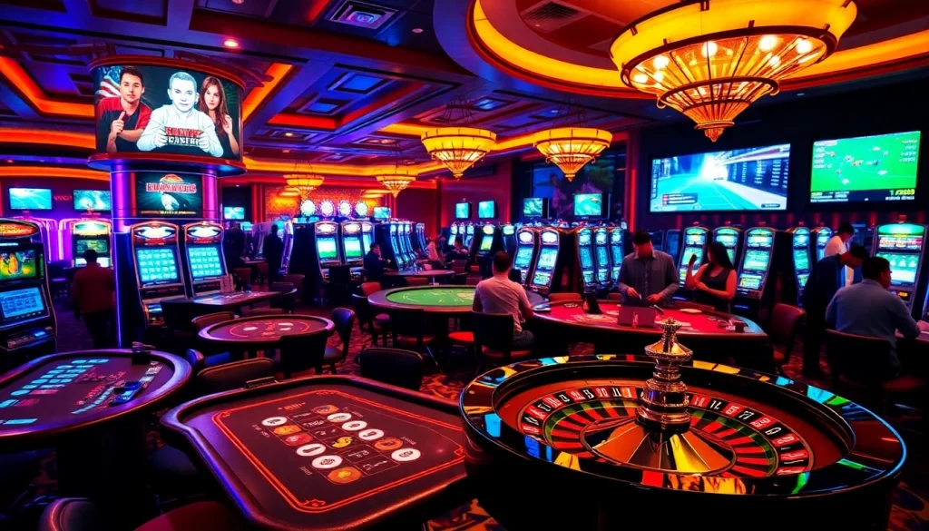 Engaging players at W88's luxurious casino atmosphere with vibrant tables and slot machines.