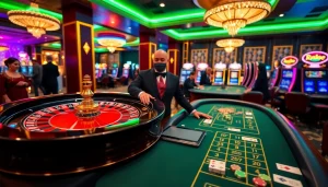 RR88 casino scene with vibrant roulette wheel and engaging dealer, inviting gamblers to play.