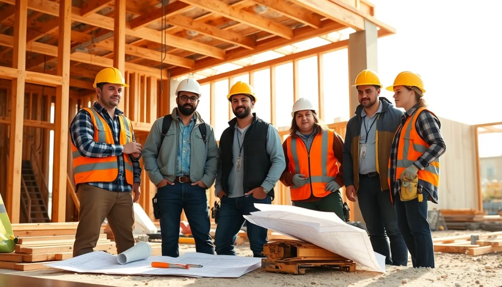 Construction apprenticeships carolinas featuring skilled workers collaborating on-site with tools and blueprints.