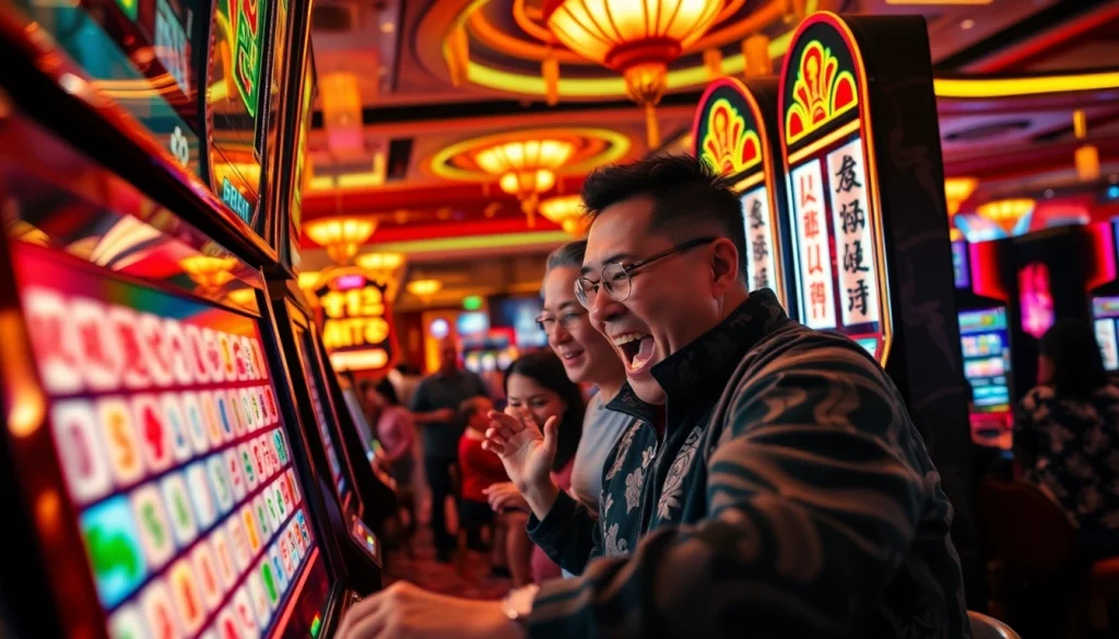 Menggambarkan seorang pemain mahjong slot dengan antusias, dikelilingi suasana kasino yang cerah.