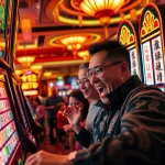 Menggambarkan seorang pemain mahjong slot dengan antusias, dikelilingi suasana kasino yang cerah.