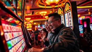 Menggambarkan seorang pemain mahjong slot dengan antusias, dikelilingi suasana kasino yang cerah.