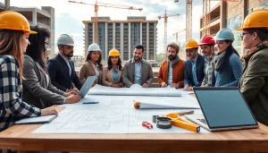 Engaging professionals in construction advocacy Colorado reviewing blueprints at a building site.