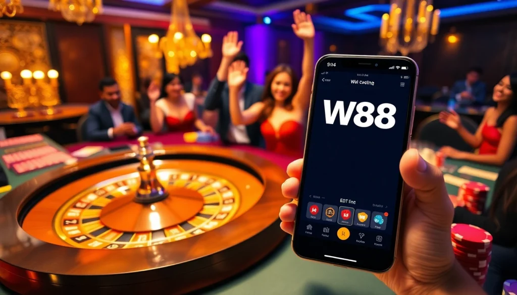 Cảnh sinh động giới thiệu liên kết W88 với những yếu tố casino sống động, người chơi và giao diện trò chơi.