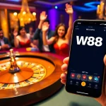 Cảnh sinh động giới thiệu liên kết W88 với những yếu tố casino sống động, người chơi và giao diện trò chơi.