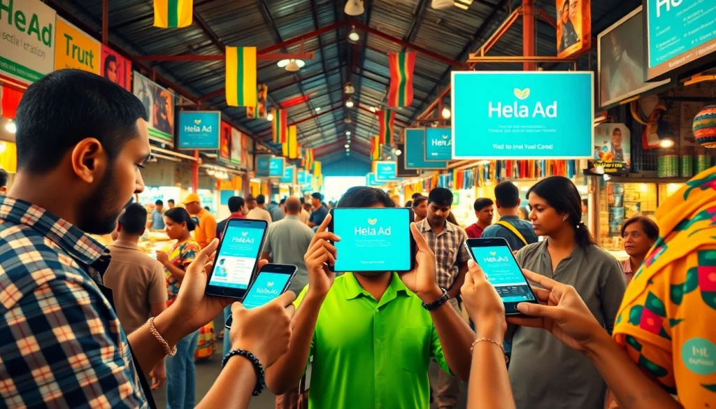 Engaging scene of users exploring Hela Ad in a vibrant Sri Lankan marketplace.