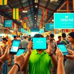 Engaging scene of users exploring Hela Ad in a vibrant Sri Lankan marketplace.