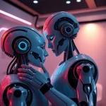 AI sex robots in a futuristic setting, showcasing intimate interaction and advanced technology.