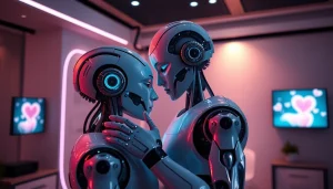 AI sex robots in a futuristic setting, showcasing intimate interaction and advanced technology.
