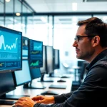 An engineer analyzing data related to das 140 in a modern office setting, with multiple screens and bright lighting.